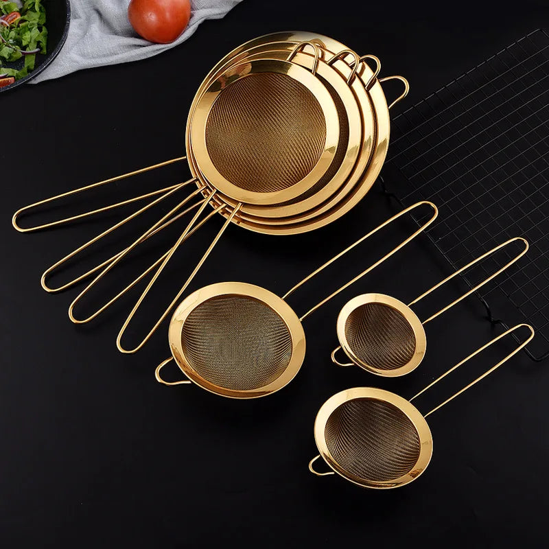 Stainless Steel Gold Mesh Egg Beater – Separate Oil Strainer, Flour Sifter, Sieve Colanders, Flour & Coffee Mesh Filter, Kitchen Bakeware