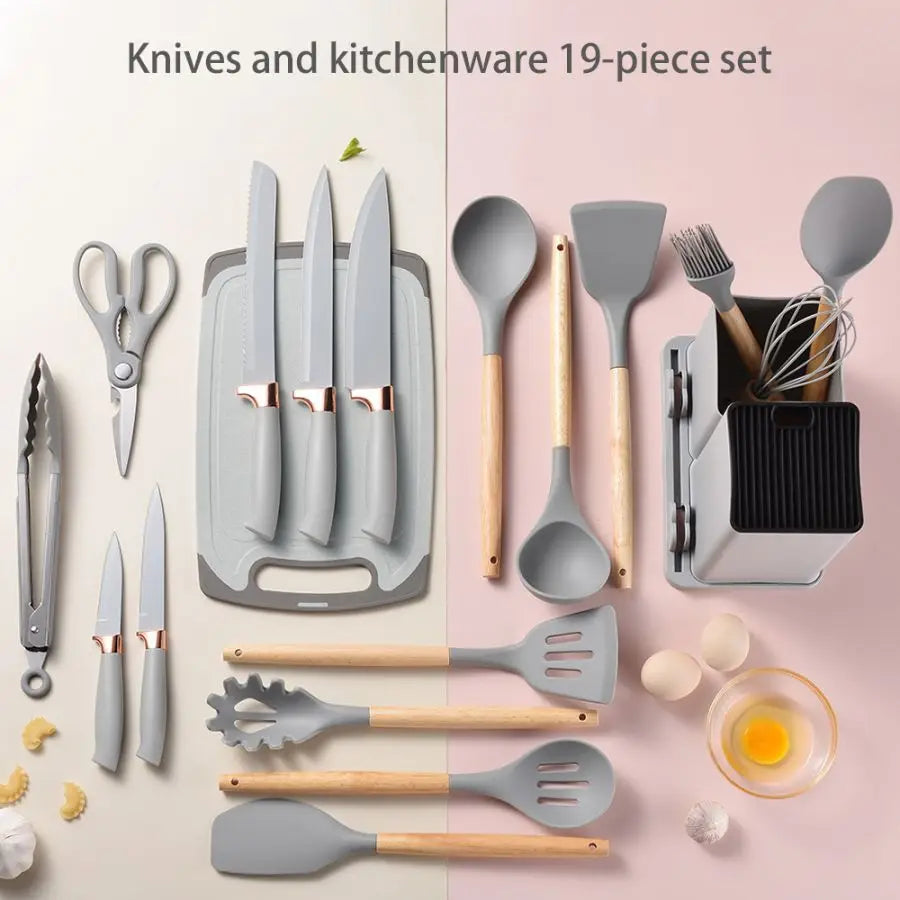 19PCS Food Grade Silicone Kitchenware Set – Cooking Spoons, Shovel, Cutting Board, Knives & More