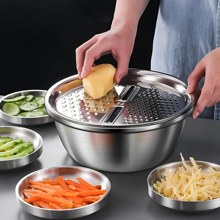 3-Piece Stainless Steel Kitchen Bowl Covers – Multifunctional Mixing Bowl, Planer, Detachable Multi-Layer Slicing Set