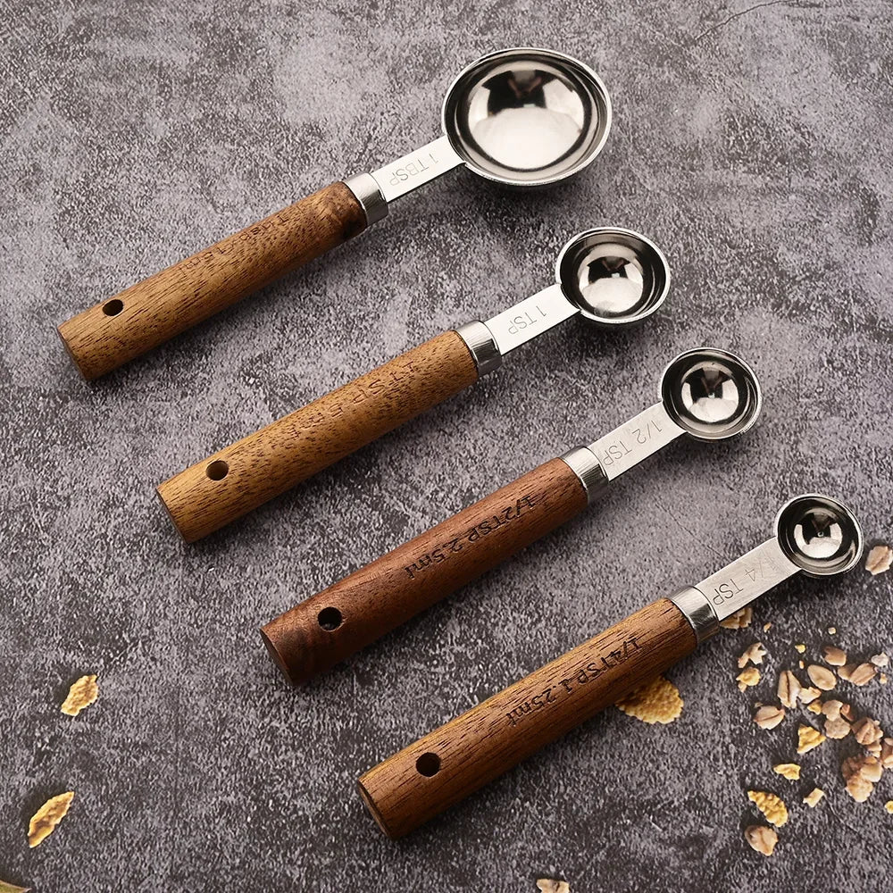 1/4/8PCS Measuring Cup Spoon Set – Stainless Steel with Wooden Handle, Coffee, Flour, Bartending & Kitchen Cooking Gadget