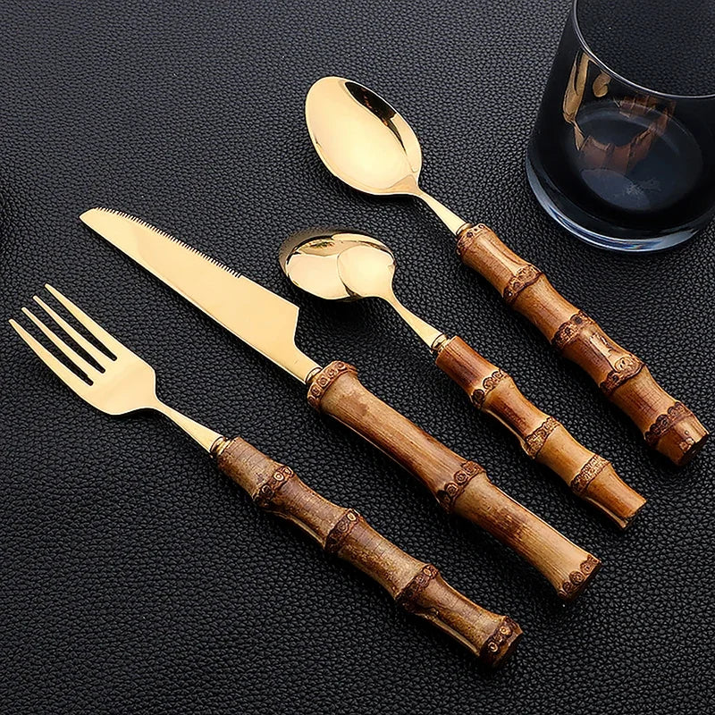 24-Piece Bamboo Tableware Set – Stainless Steel Cutlery with Natural Bamboo Handles, Flatware Set with Steak Knives