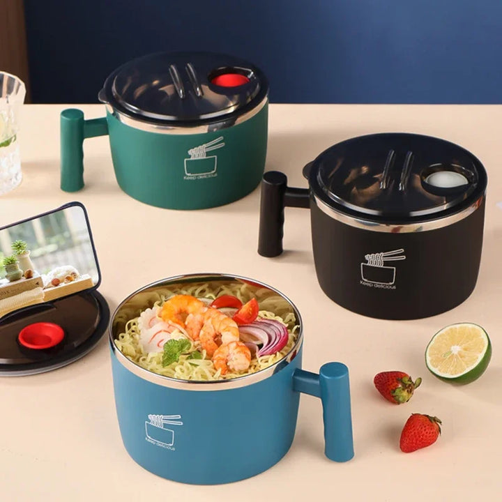 Stainless Steel Bowl with Lid – Sealed, Portable Drain Bowl for Instant Noodles