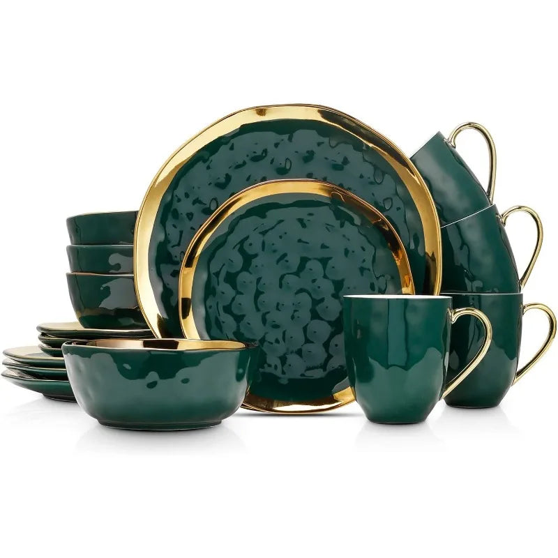 Florian Modern Porcelain 16-Piece Dinnerware Set – Green and Golden Rim, Plates and Bowls Set for 4