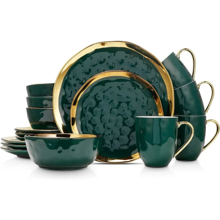 Florian Modern Porcelain 16-Piece Dinnerware Set – Green and Golden Rim, Plates and Bowls Set for 4
