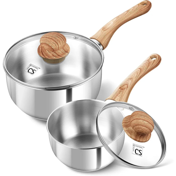 Stainless Steel Saucepan Set – 4-Piece Set with 1 QT & 2 QT Saucepans, Cool-Touch Bakelite Handles, Lids Included
