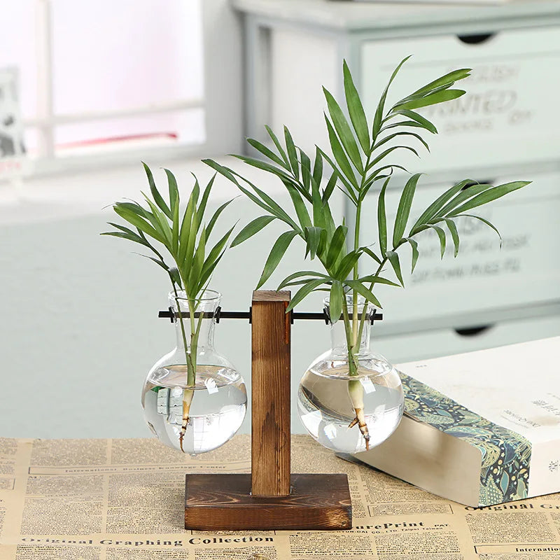 Wooden Frame Hydroponic Glass Vase – Desk Plant Decor