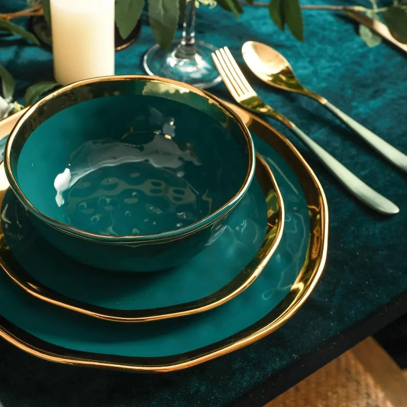 Florian Modern Porcelain 16-Piece Dinnerware Set – Green and Golden Rim, Plates and Bowls Set for 4