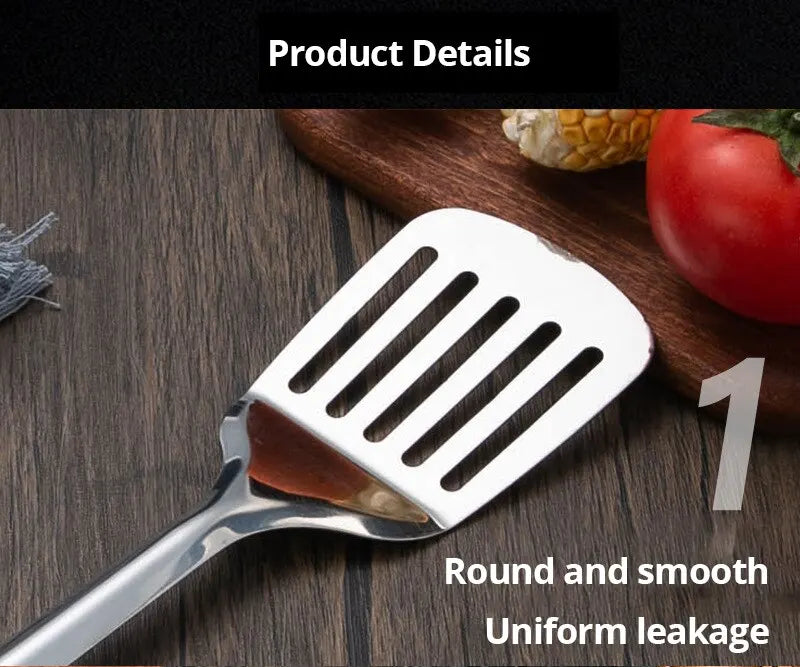 Stainless Steel Imitation Wood Grain Handle Spatula – Leaky Shovel Spoon, Set of 5 Kitchen Tools for Cooking