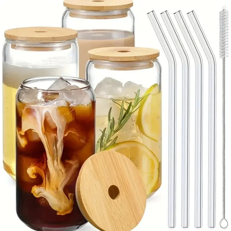 4/6-Piece Glass Cup Set – 17.8oz/550ml with Bamboo Lid and Straw – Mason Jar Water Cup