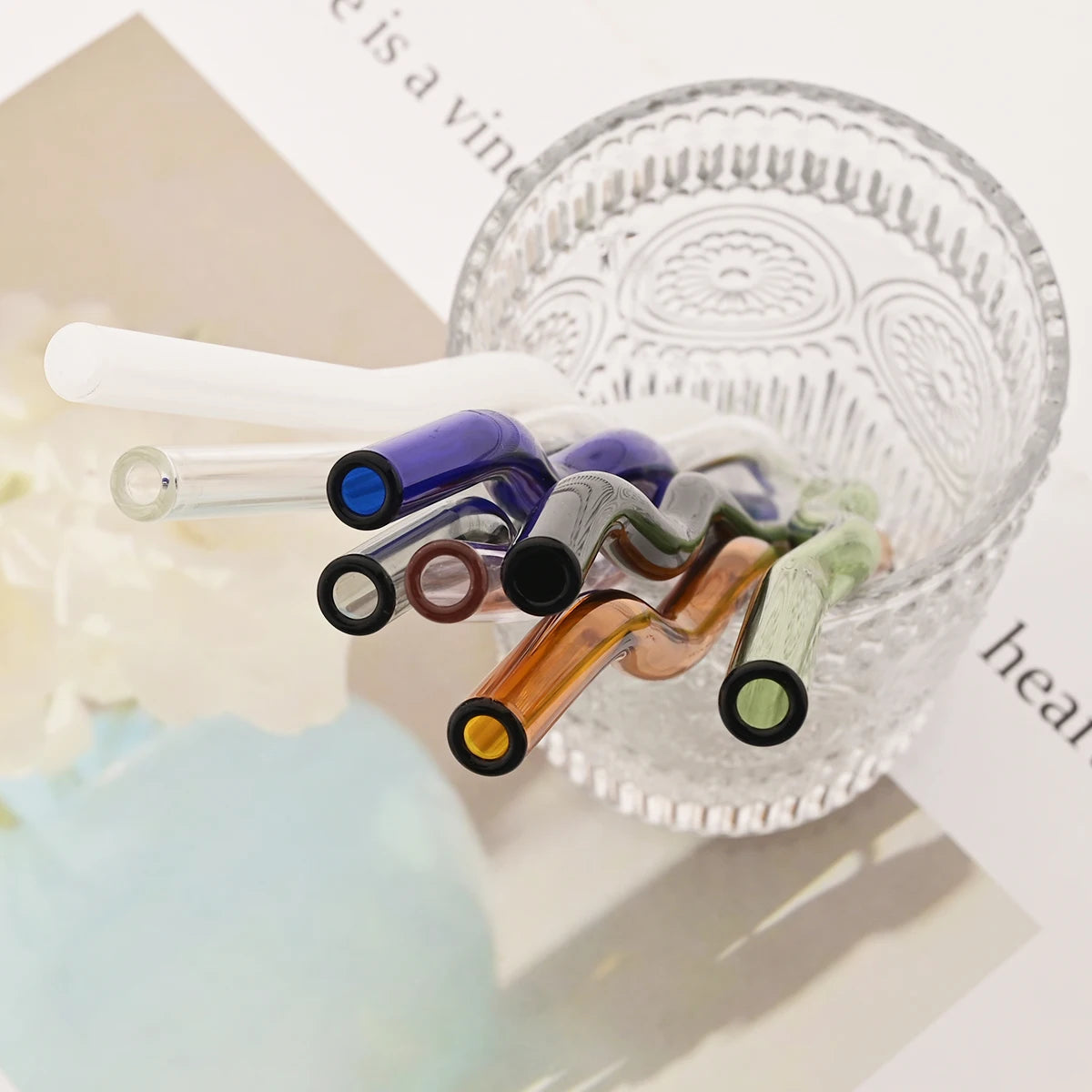 4PCS Wavy Glass Straws – Colorful Drinking Straw Set with Cleaning Brush