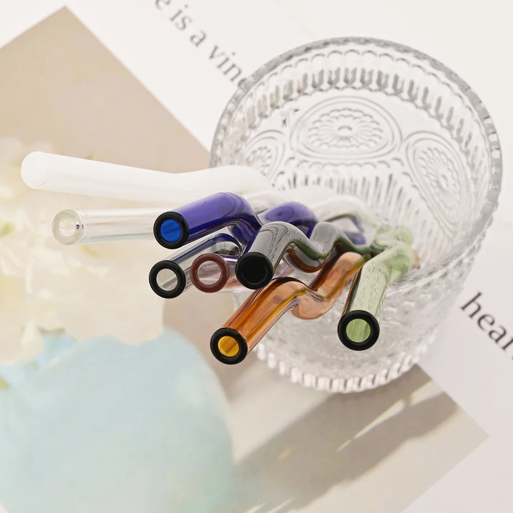 4PCS Wavy Glass Straws – Colorful Drinking Straw Set with Cleaning Brush