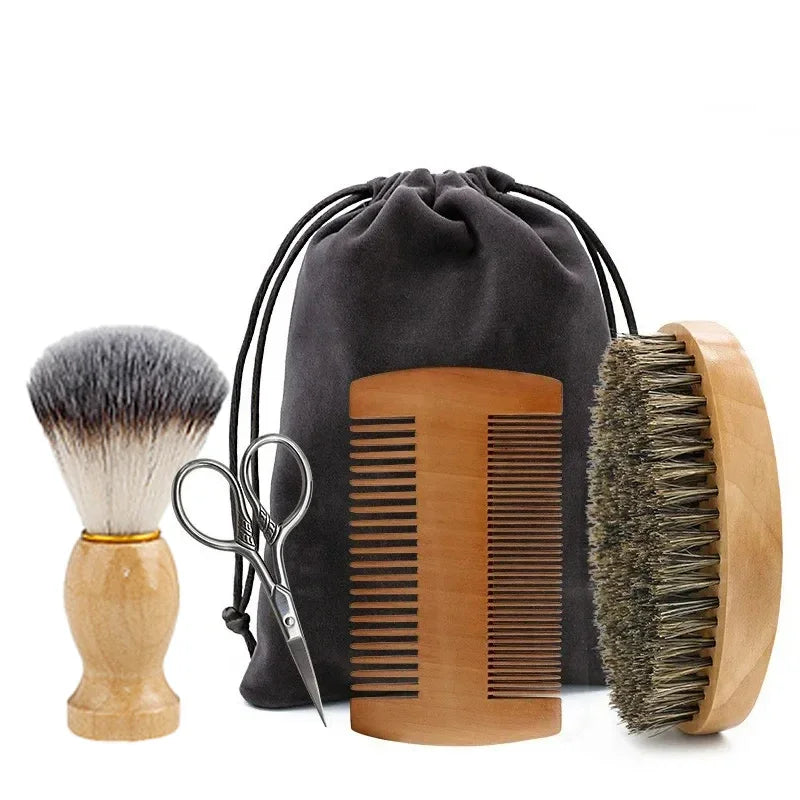 Men’s Shaving Brush Set – Boar Bristle Beard Grooming Kit with Comb & Scissors