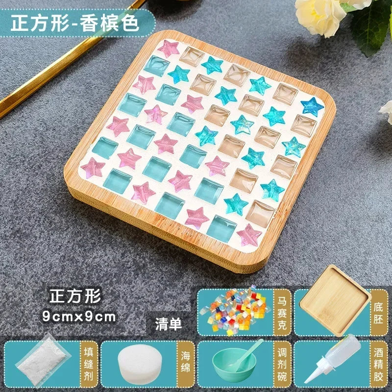 Handmade DIY Mosaic Cup Mat – Bamboo Pad Heart & Square Coaster for Parent-Child Early Education Crafting