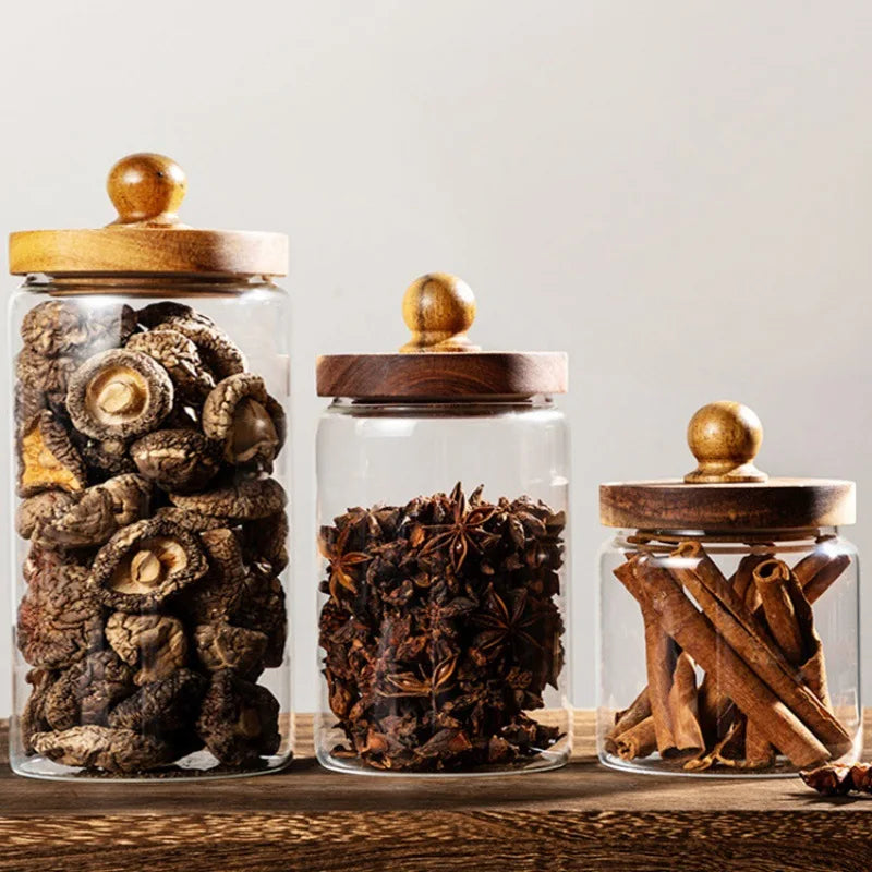 Glass Food Storage Jar with Wooden Lid – Airtight Sealed Container for Coffee Beans, Nuts, Spices, Candy, and Moisture-Proof Storage