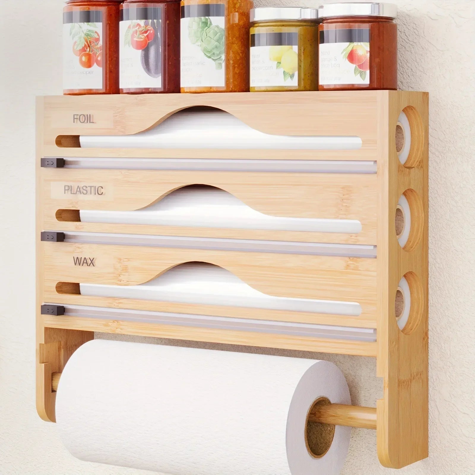 Bamboo Compartment Cling Film and Tin Foil Cutter Box – Wall-Mounted Paper Towel and Kitchen Organizer