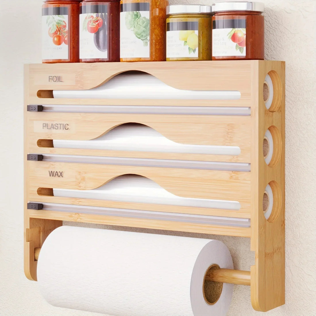 Bamboo Compartment Cling Film and Tin Foil Cutter Box – Wall-Mounted Paper Towel and Kitchen Organizer
