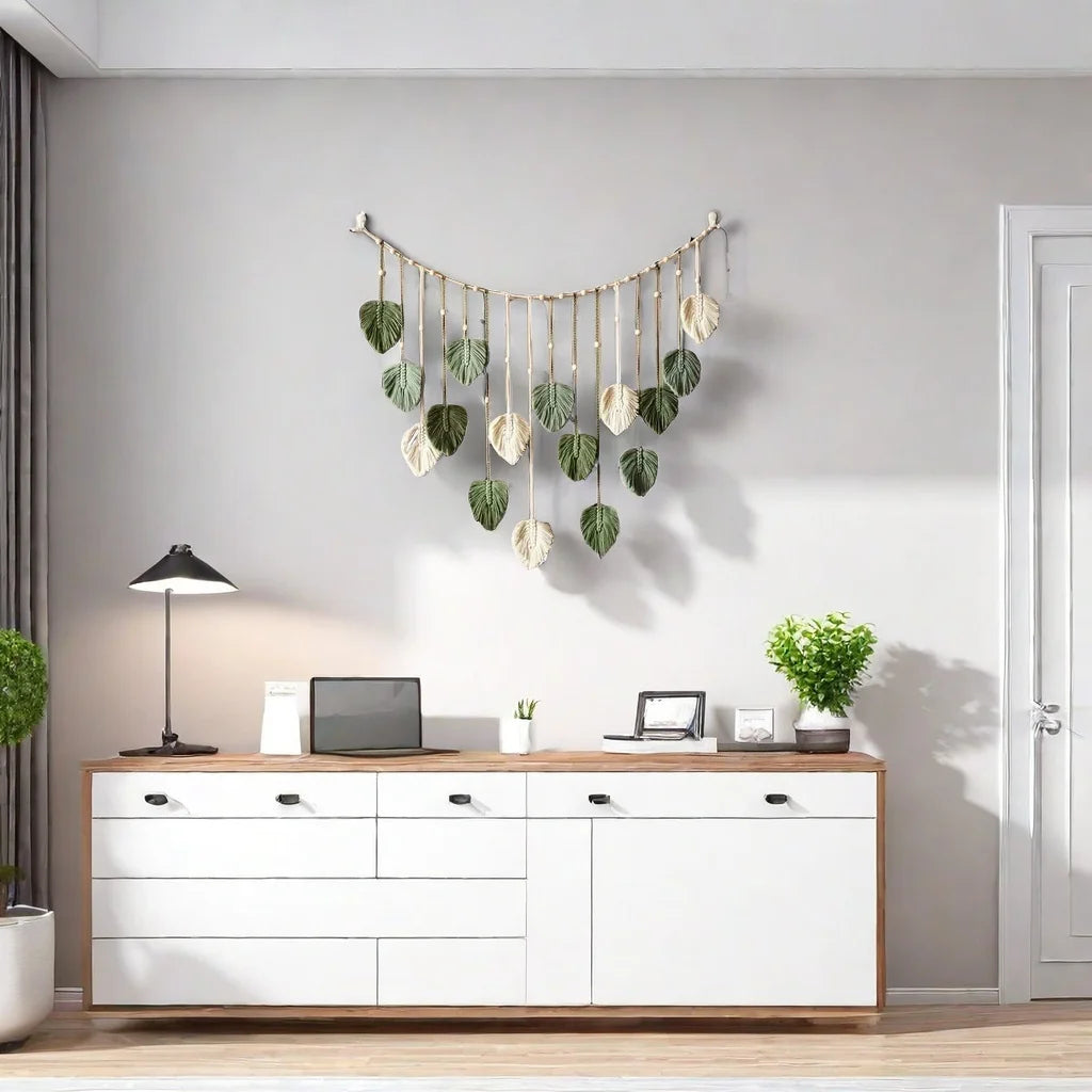 Boho Macramé Leaf Wall Hanging – Feather Tapestry Décor for Living Room or Bedroom