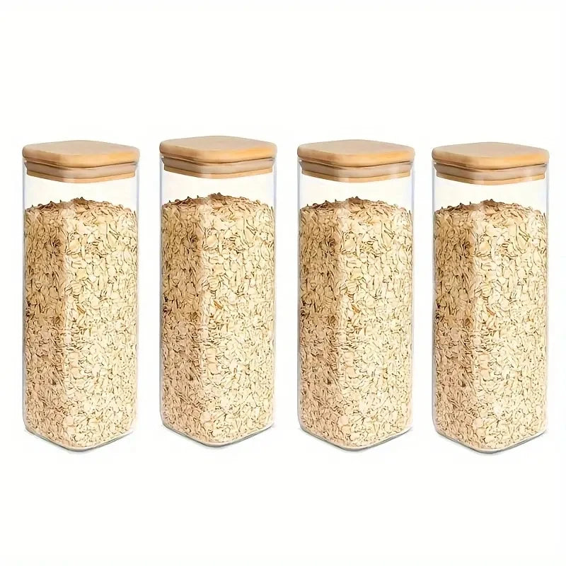 2/4 Pieces, 540ML/1000ML Glass Food Storage Jar with Bamboo Lid – Square Sealed Kitchen Container Set