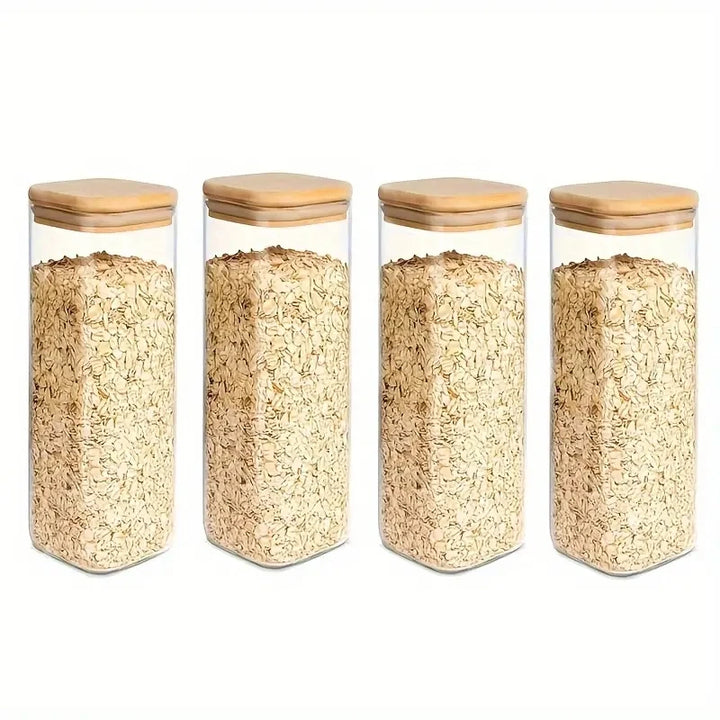 2/4 Pieces, 540ML/1000ML Glass Food Storage Jar with Bamboo Lid – Square Sealed Kitchen Container Set