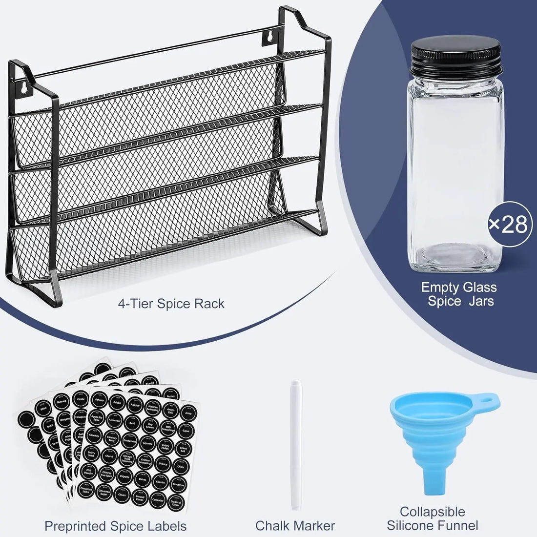 Spice Rack Organizer for Cabinet – 28 Empty Spice Jars with Black Lids