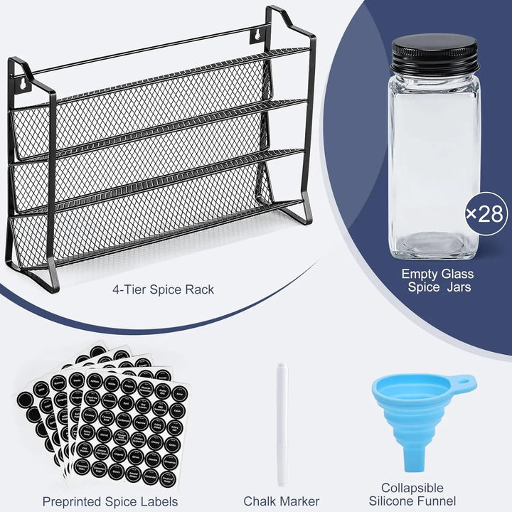 Spice Rack Organizer for Cabinet – 28 Empty Spice Jars with Black Lids