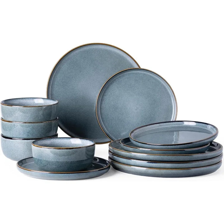 Ceramic Dinnerware Set for 4 – 12 Pieces Stoneware Plates and Bowls, Reactive Glaze, Scratch Resistant