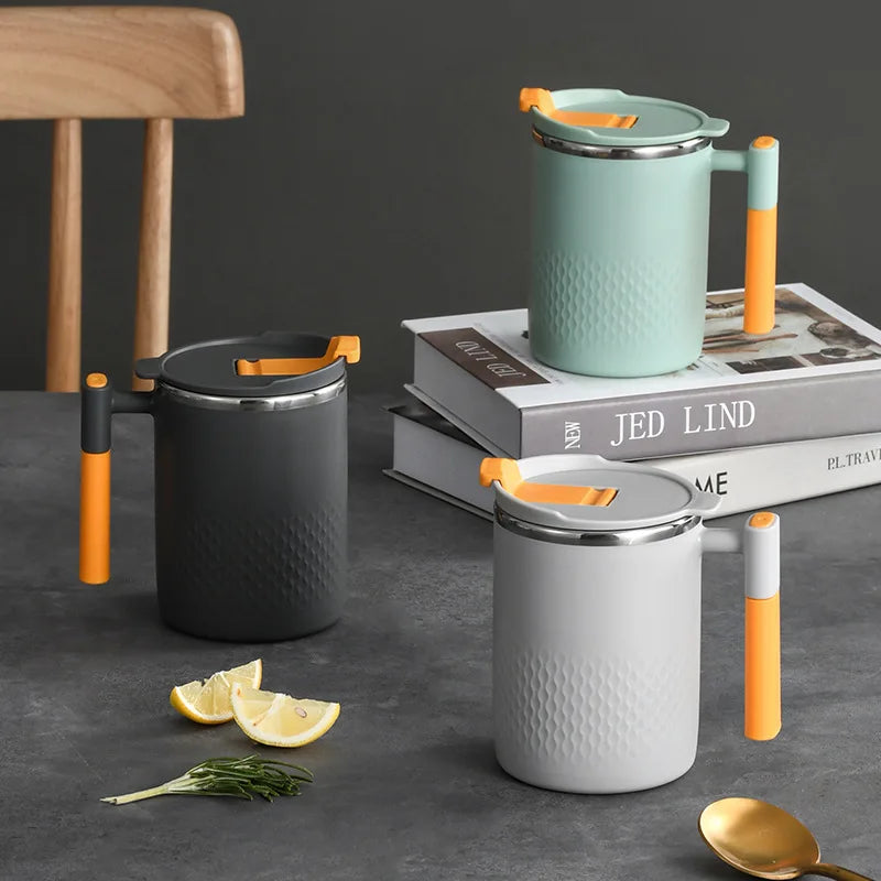 304 Stainless Steel Double Wall Insulated Coffee Cup – Household Kitchen Mug with Handle and Lid