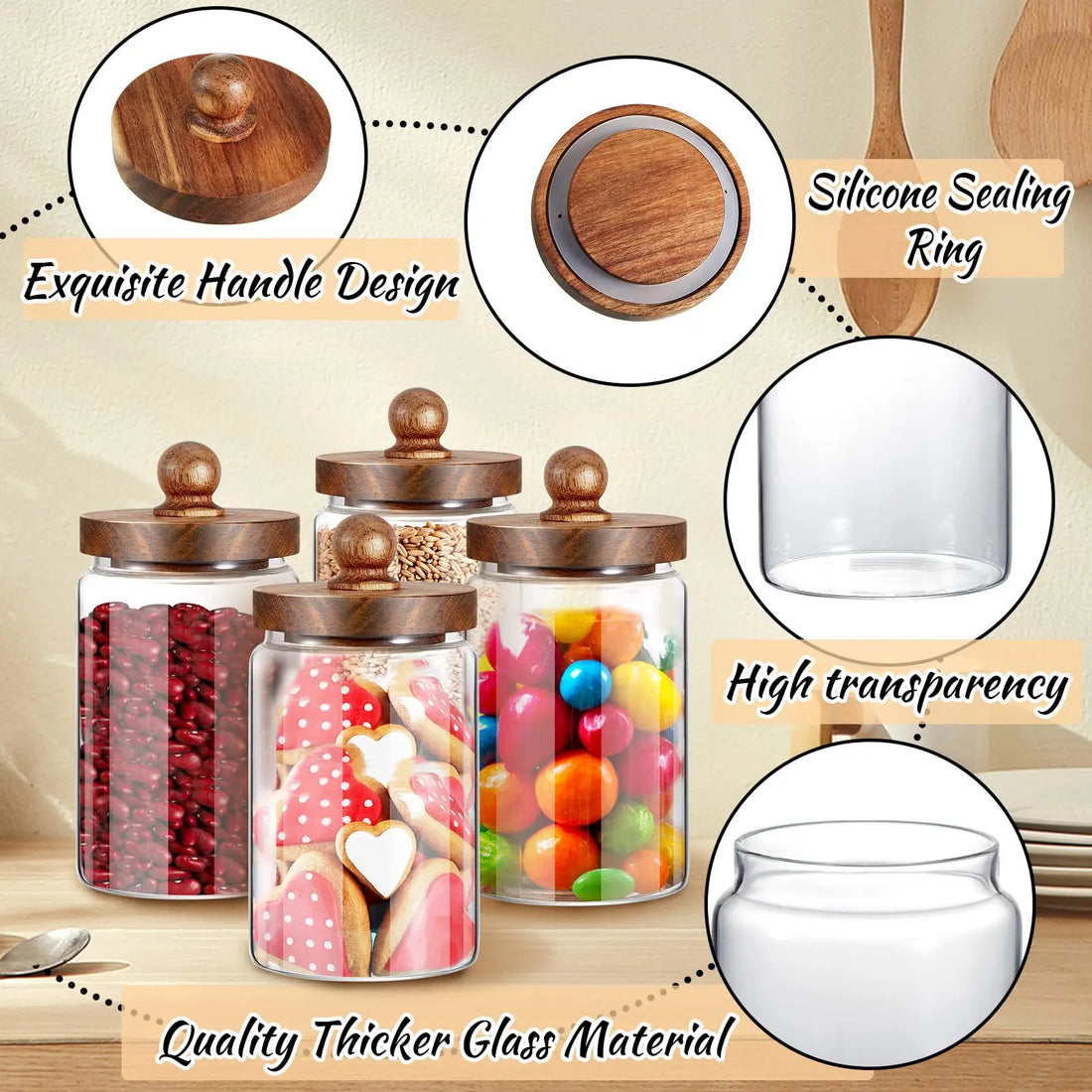 Glass Food Storage Jar with Wooden Lid – Airtight Sealed Container for Coffee Beans, Nuts, Spices, Candy, and Moisture-Proof Storage