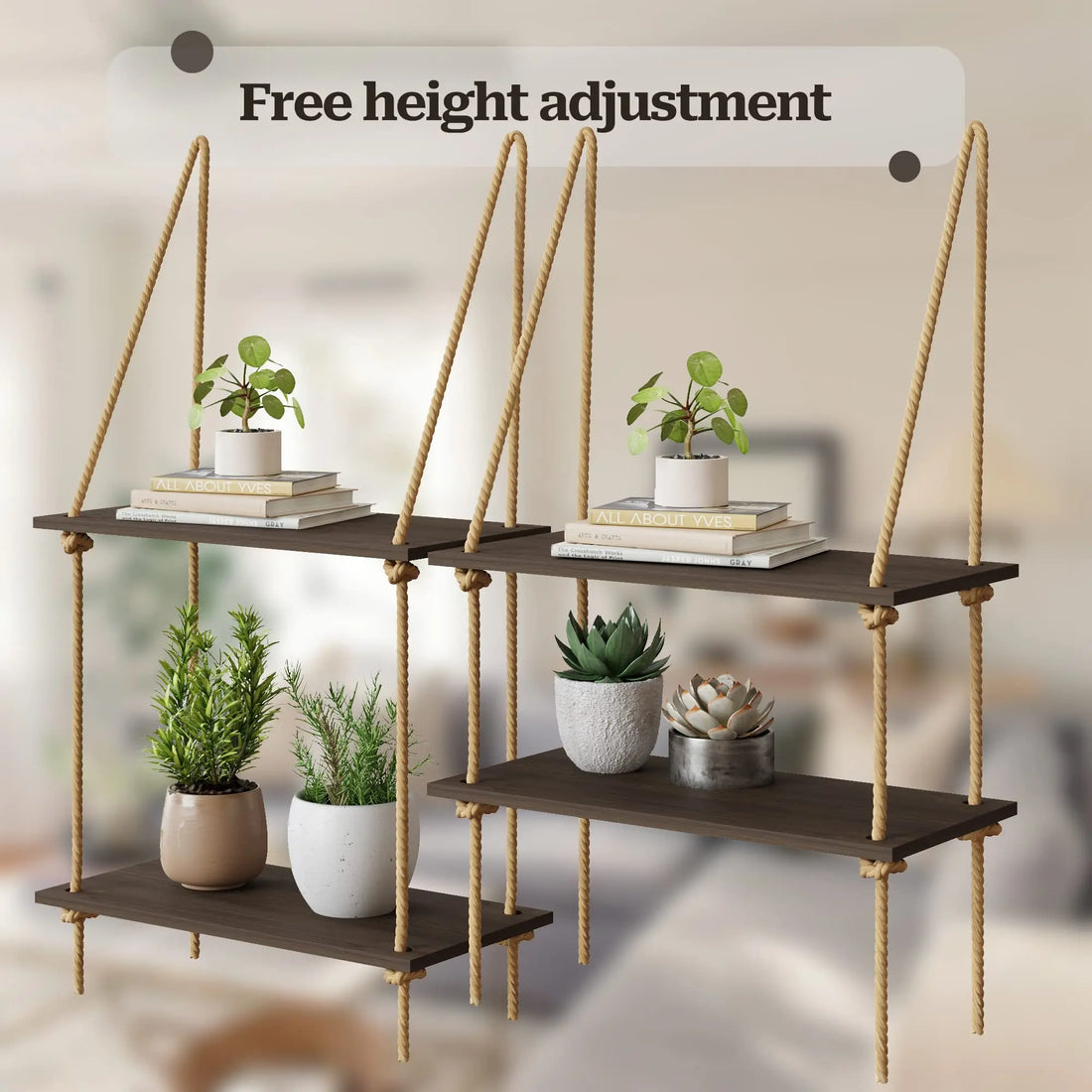 Boho Black Hanging Wall Shelves with Macrame Hanger
