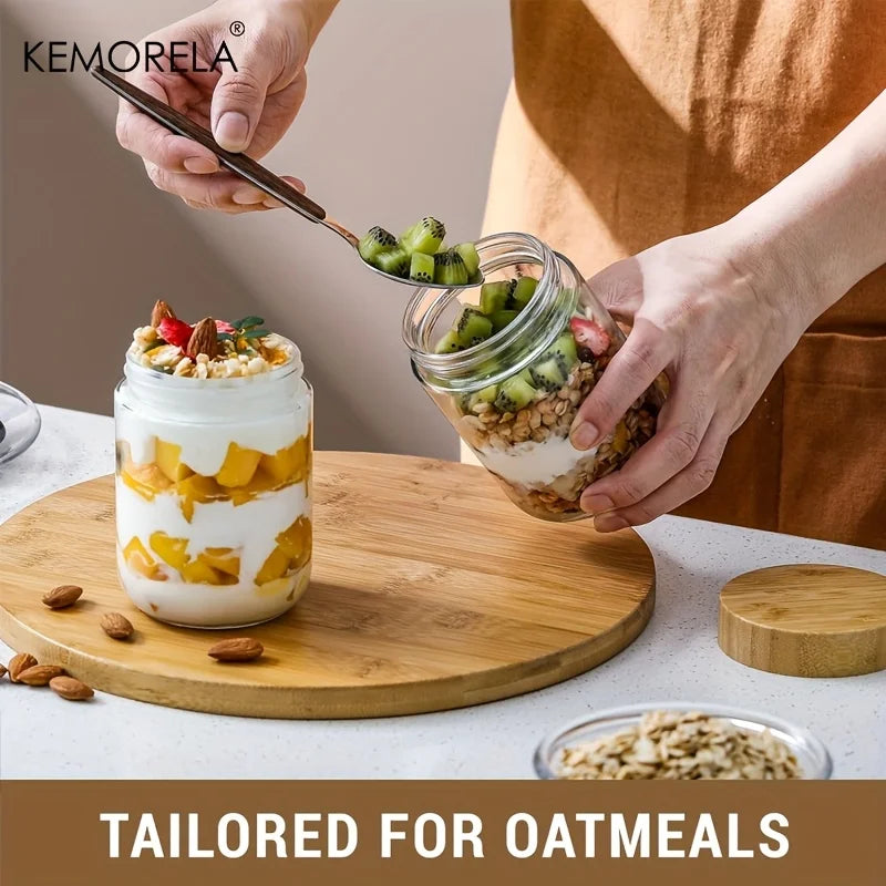 KEMORELA Glass Jars with Airtight Bamboo Lids – 2/4PCS, 290/470ML, Perfect for Overnight Oats and Salads