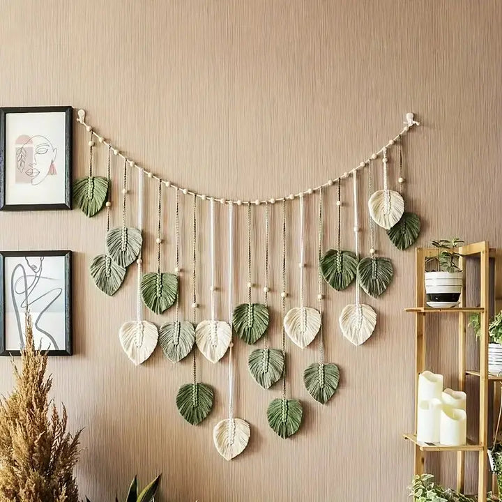 Boho Macramé Leaf Wall Hanging – Feather Tapestry Décor for Living Room or Bedroom