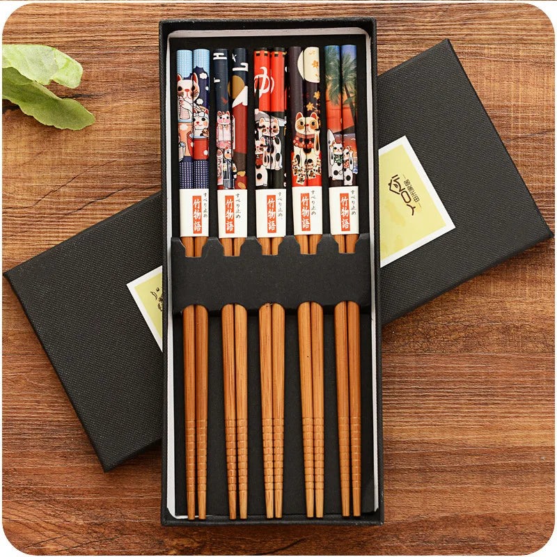 5-Pair Set Bamboo Chopsticks – Non-Slip Natural Wood Sushi & Food Chopsticks Set