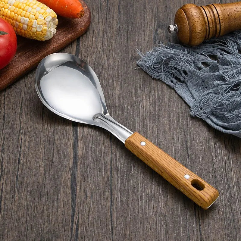 Stainless Steel Imitation Wood Grain Handle Spatula – Leaky Shovel Spoon, Set of 5 Kitchen Tools for Cooking