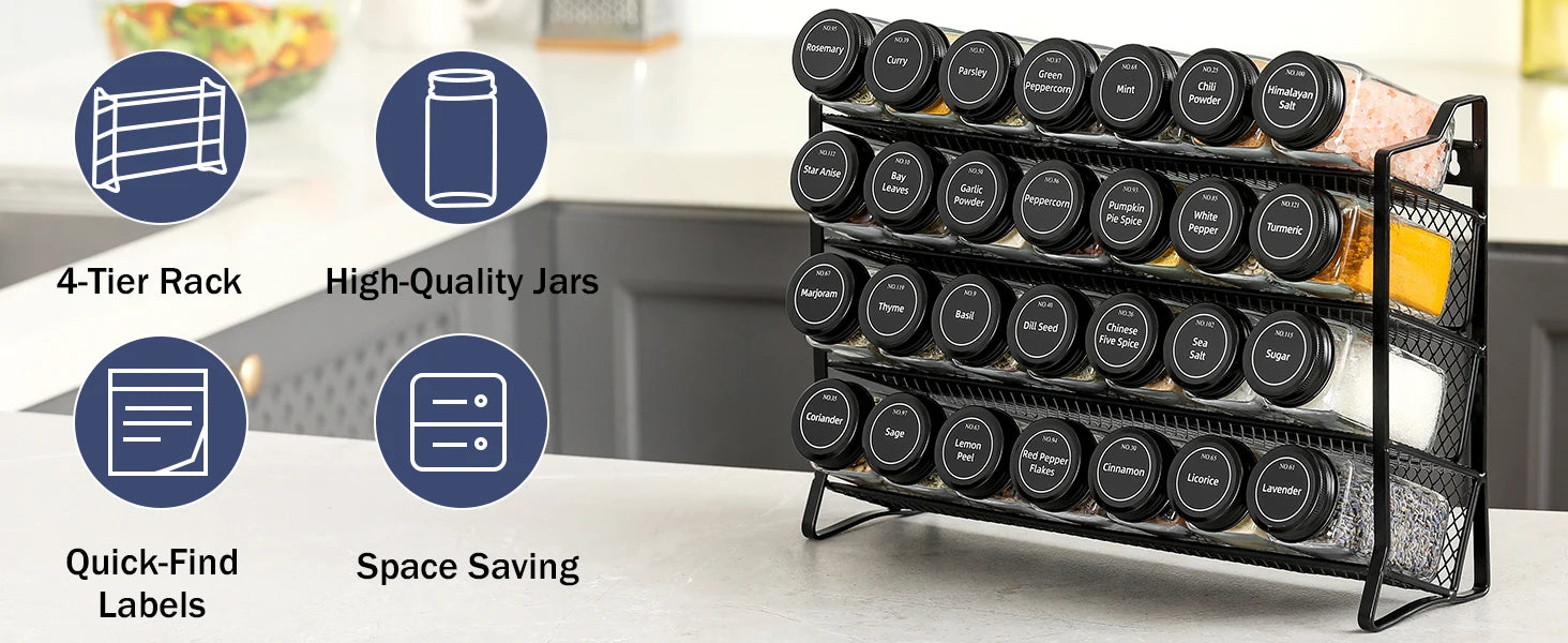 Spice Rack Organizer for Cabinet – 28 Empty Spice Jars with Black Lids