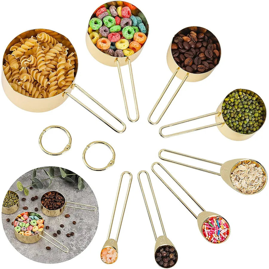 4PCS/8PCS Titanium Gold Stainless Steel Measuring Cup and Spoon Set – Kitchen Thread Handle for Flour, Grains, and Baking