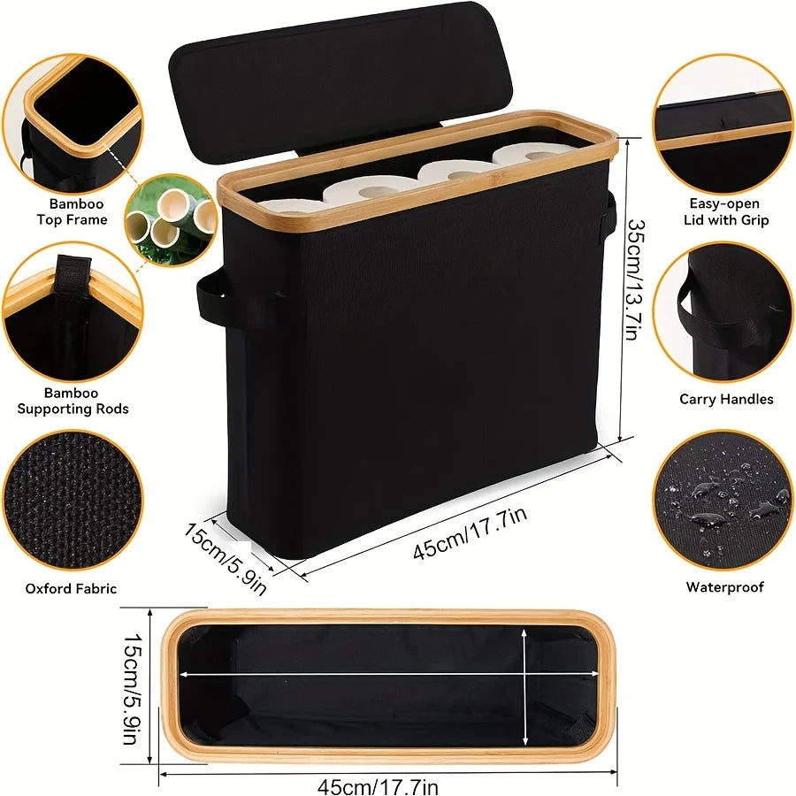 Bamboo Toilet Paper Holder with Lid – Enclosed Tissue Storage Box with Handle