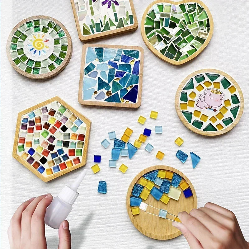 Handmade DIY Mosaic Cup Mat – Bamboo Pad Heart & Square Coaster for Parent-Child Early Education Crafting