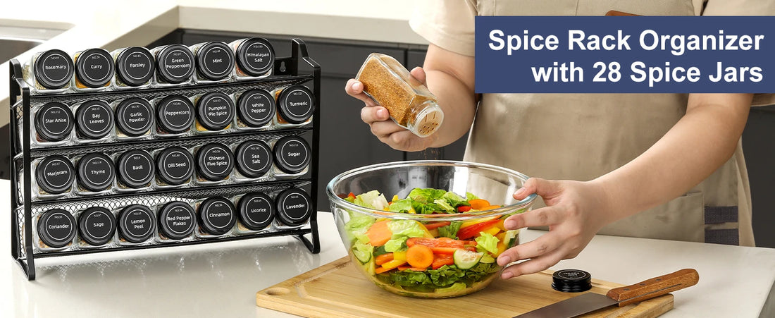 Spice Rack Organizer for Cabinet – 28 Empty Spice Jars with Black Lids