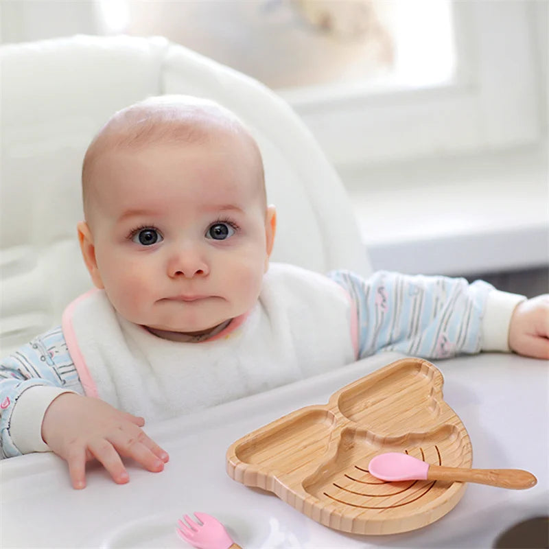 Baby Wooden Tableware Set - Bamboo Plate, Bowl, Fork & Spoon