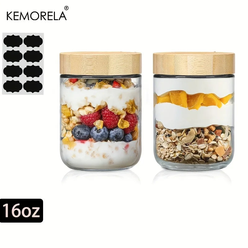 KEMORELA Glass Jars with Airtight Bamboo Lids – 2/4PCS, 290/470ML, Perfect for Overnight Oats and Salads