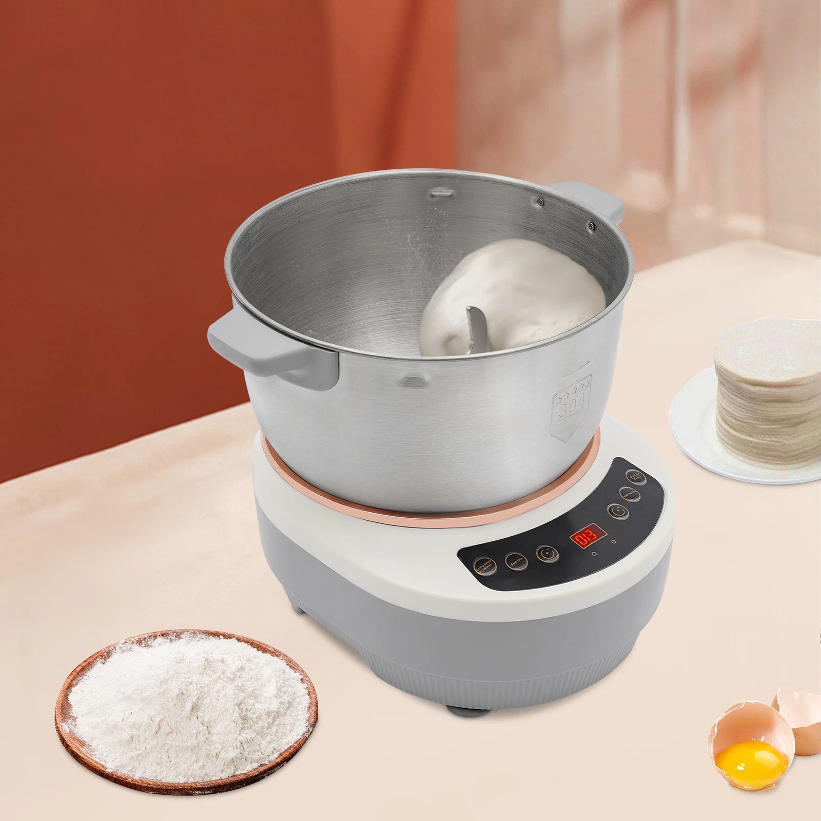 5L Electric Noodle Machine – Silver Household Noodle Making Dough Mixer with 304 Stainless Steeless Steel Silicone ABS 110V 60Hz