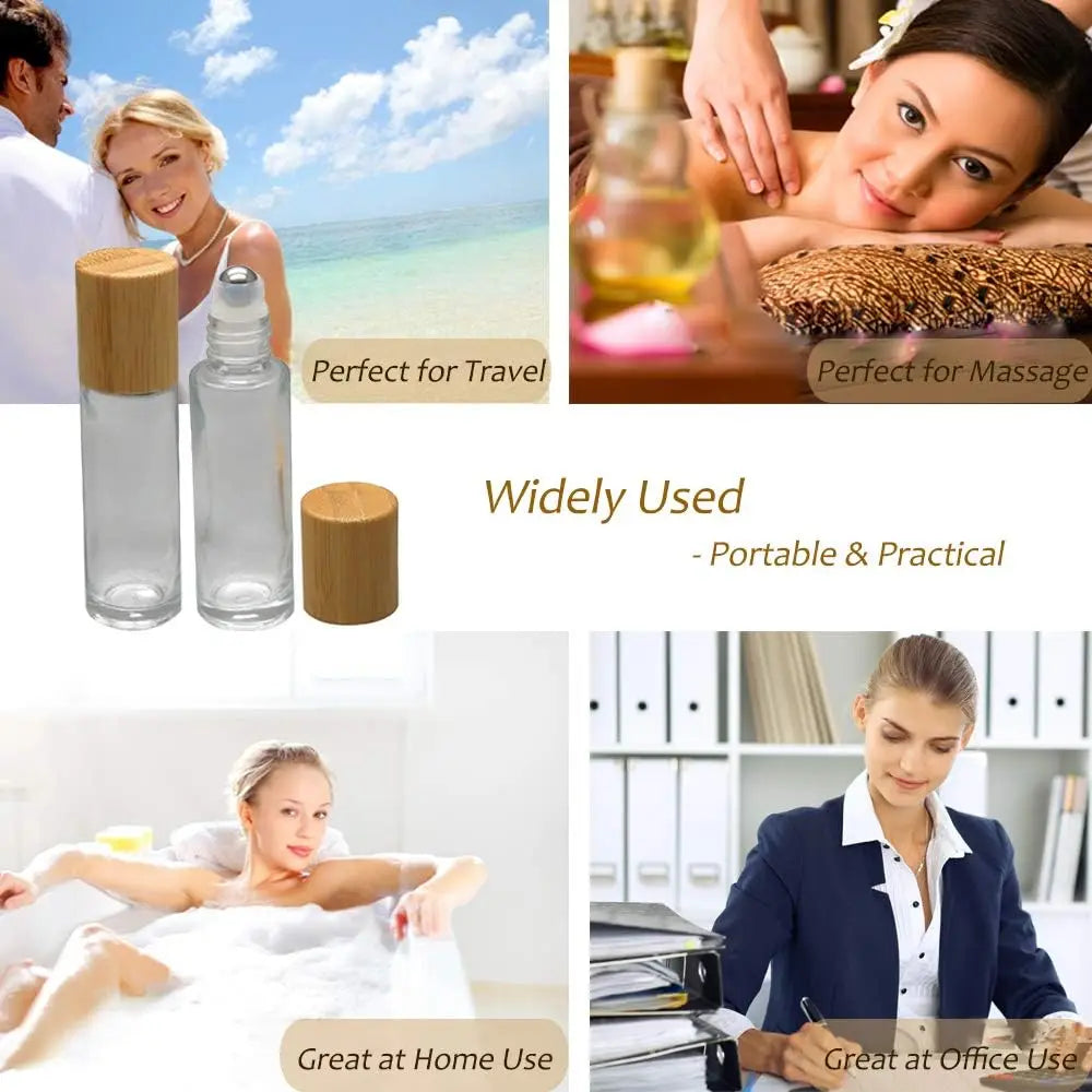 12pcs 10ml Glass Roll-On Bottles – Refillable Essential Oil & Perfume Bottles with Bamboo Lids