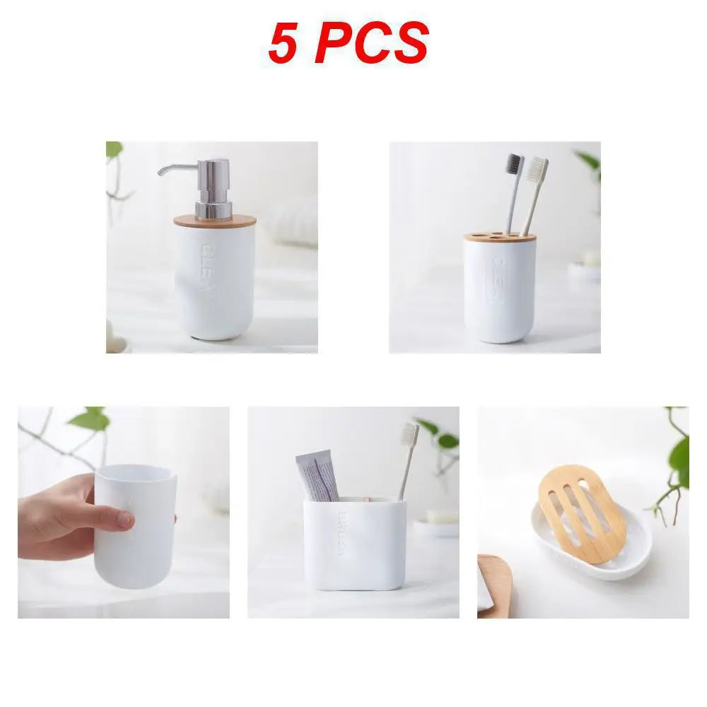 White Simple Home Bathroom Supply Bamboo Soap Dish Mouthwash Cup Toothbrush Holder Storage bottle Wash Rack Bathroom Wash