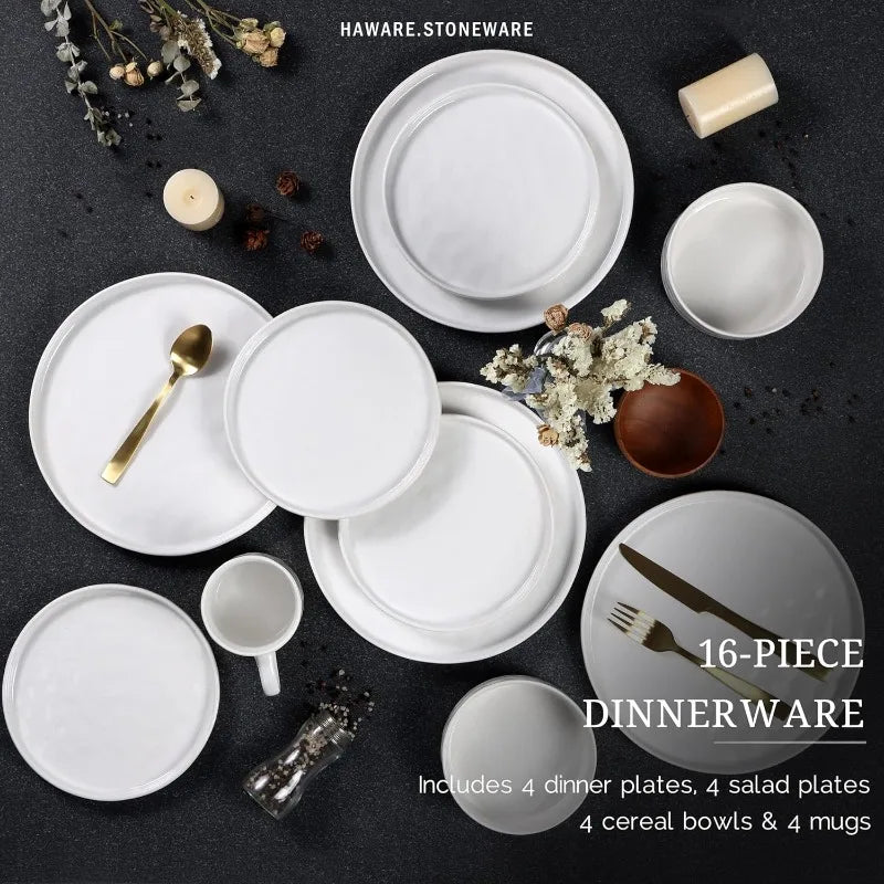16-Piece Stoneware Dinnerware Set – Plates and Bowls Set for 4, Elegant Ceramic Dishware for Home & Restaurant