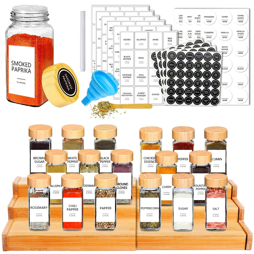 Glass Spice Jars with Bamboo Lid – Spice Seasoning Containers, Salt & Pepper Shakers, Spice Organizer Kitchen Spice Jar Set