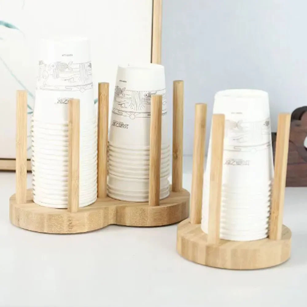 1PC Bamboo Wooden Cup Storage Rack – Creative Round Desktop Holder for Disposable Paper Cups