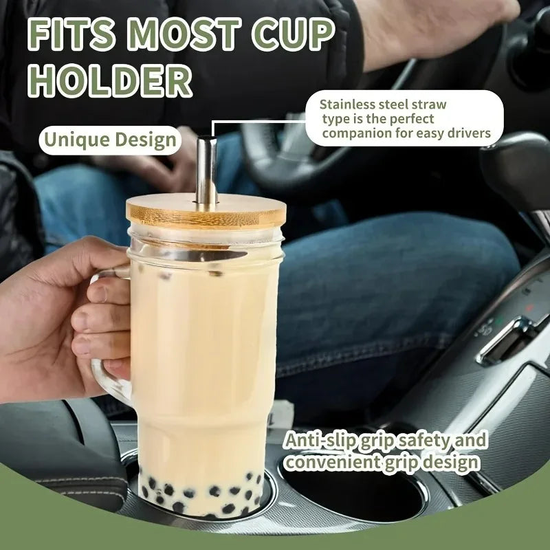 750ML Glass Cup with Wooden Lid and Straw – Bubble Tea, Cold Drinks, Coffee, Juice, Milk, and More