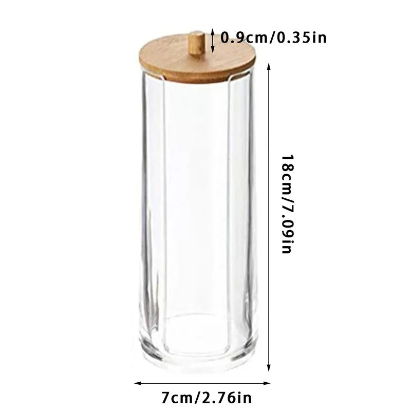 Cotton Swab Organizer with Bamboo Cover – Acrylic Round Makeup Storage Box