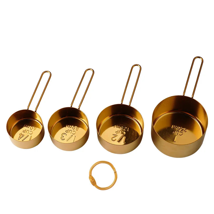 4PCS/8PCS Titanium Gold Stainless Steel Measuring Cup and Spoon Set – Kitchen Thread Handle for Flour, Grains, and Baking
