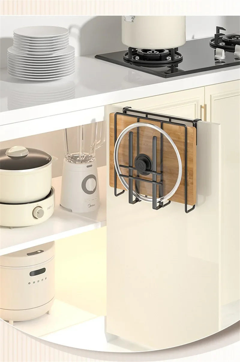 Stainless Steel Kitchen Hanging Organizer Rack – Hooks, Towel Bar, Pot Lid & Cutting Board Storage